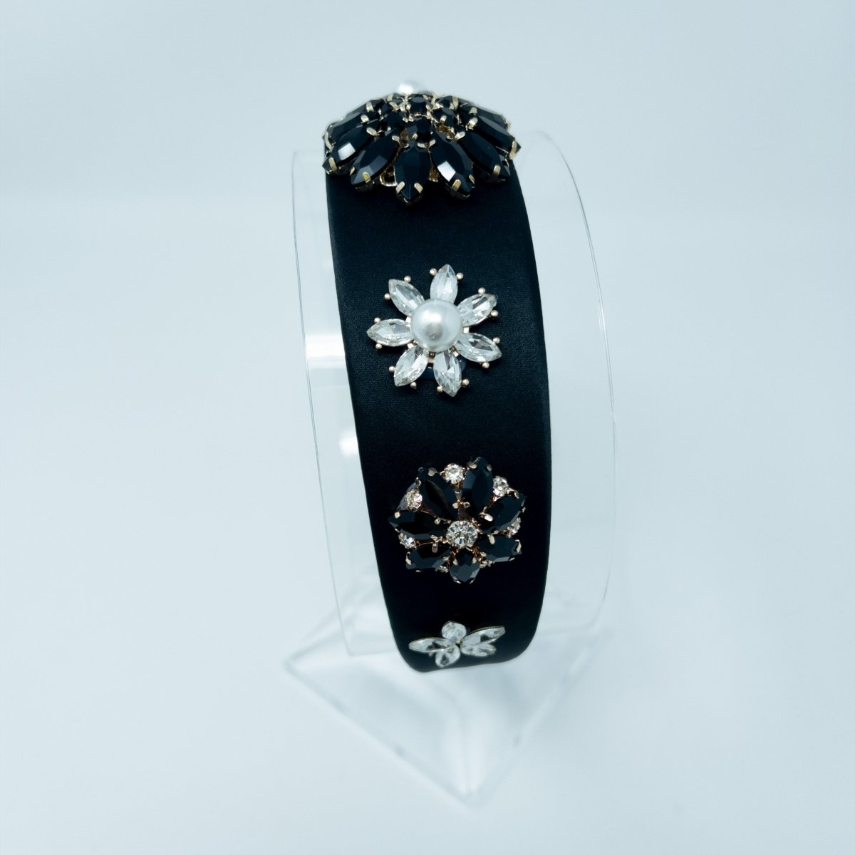 Satin Black & Crystal Pearl Studded Hairband - Franklins