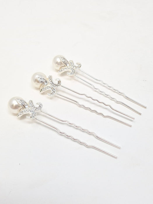 Silver Crystal Diamanté Pearl Studded Hair Pins 3pcs - Franklins