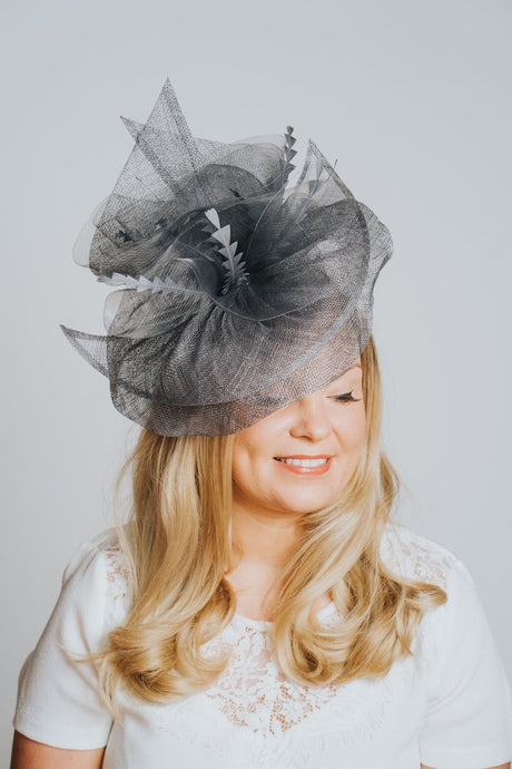 Slate Grey Sinamay Feather & Ruffle Fascinator - Franklins