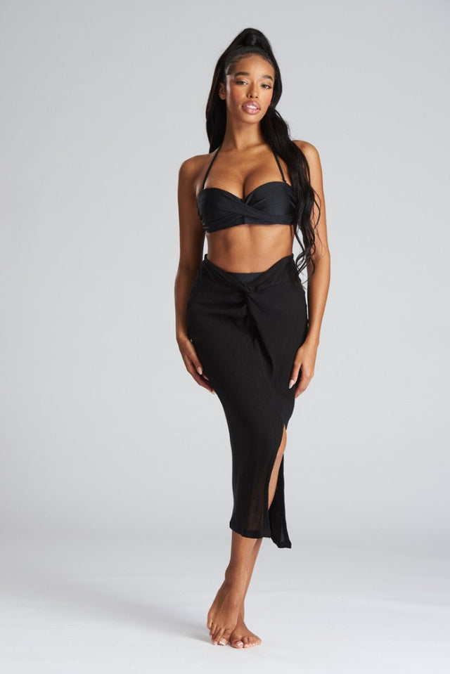 South Beach Black Crinkle Midi Length Twist Beach Skirt - Franklins