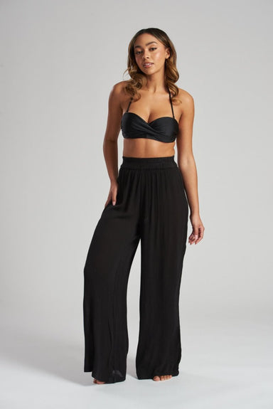 South Beach Black Crinkle Wide Leg Trousers - Franklins