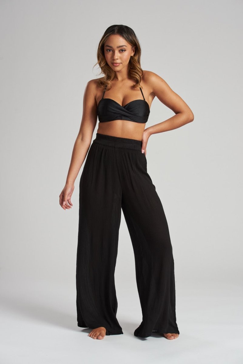 South Beach Black Crinkle Wide Leg Trousers - Franklins