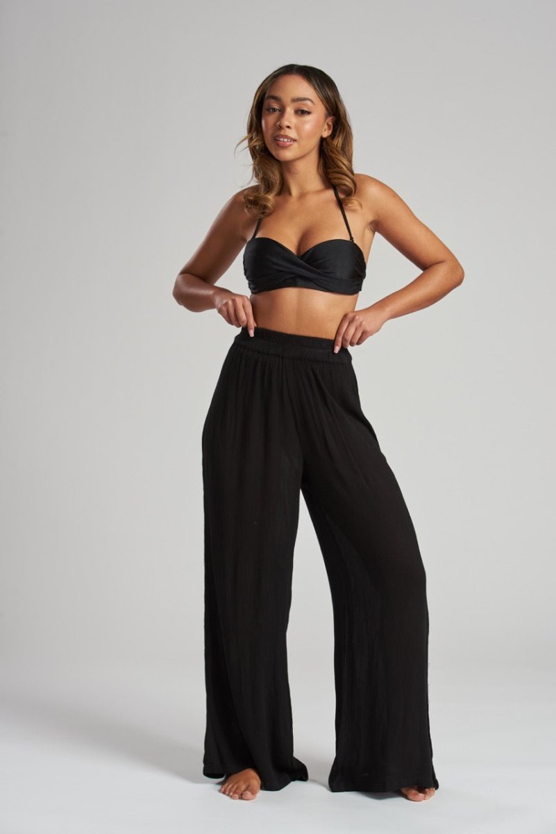 South Beach Black Crinkle Wide Leg Trousers - Franklins