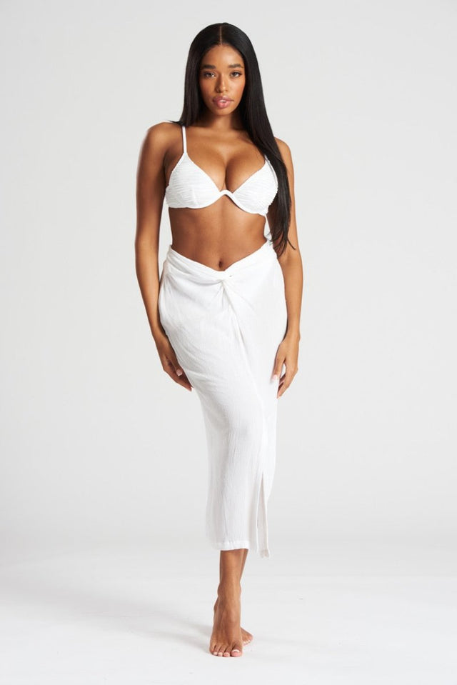 South Beach White Crinkle Midi Length Twist Beach Skirt - Franklins