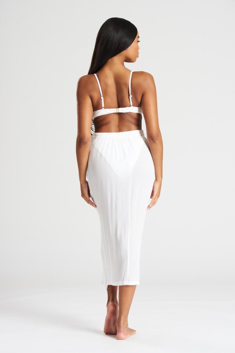 South Beach White Crinkle Midi Length Twist Beach Skirt - Franklins