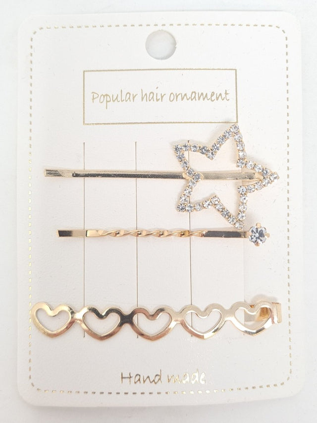 Star Heart & Diamante Gold 3pcs Hair Clip Set - Franklins