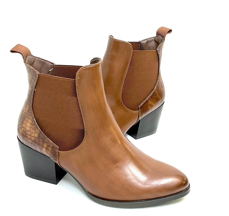 Tan Brown Crocodile Effect Heeled Ankle Boots - Franklins